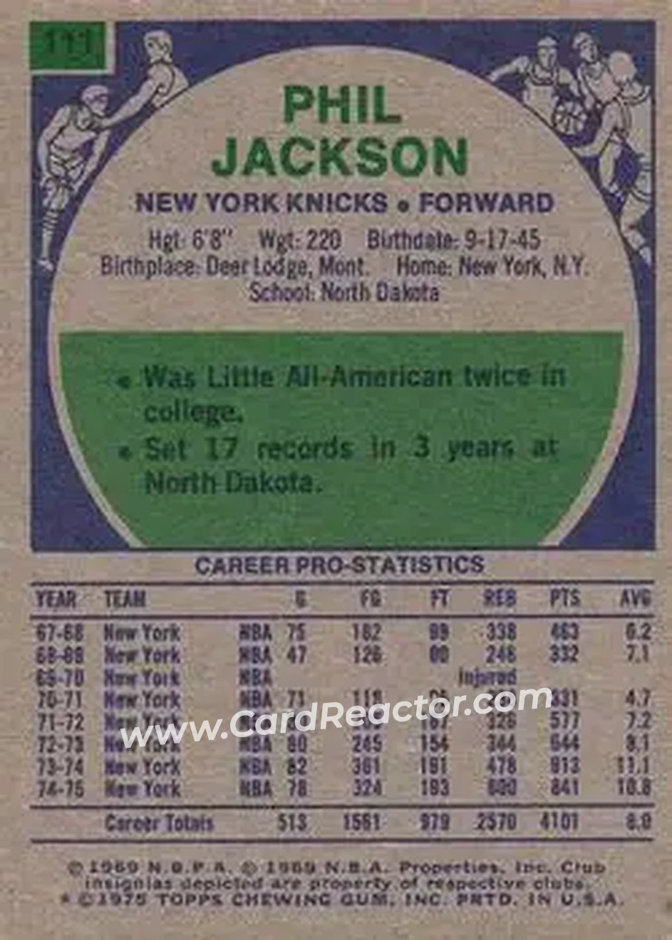 1975-76 Topps #111 - Phil Jackson - New York Knicks - Back