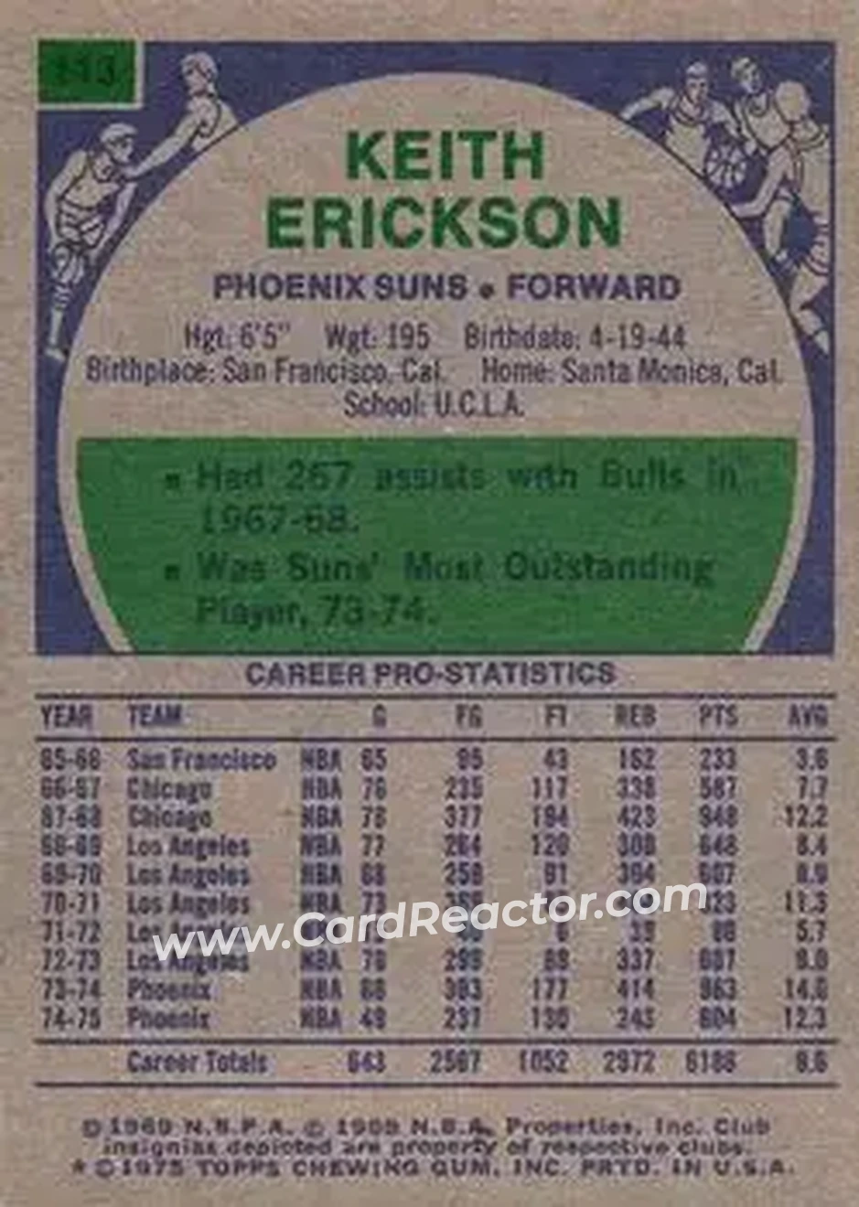 1975-76 Topps #113 - Keith Erickson - Phoenix Suns - Back
