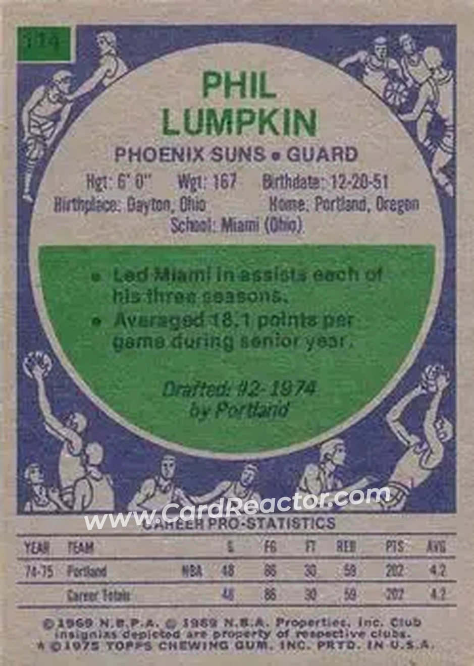 1975-76 Topps #114 - Phil Lumpkin - Phoenix Suns - Back