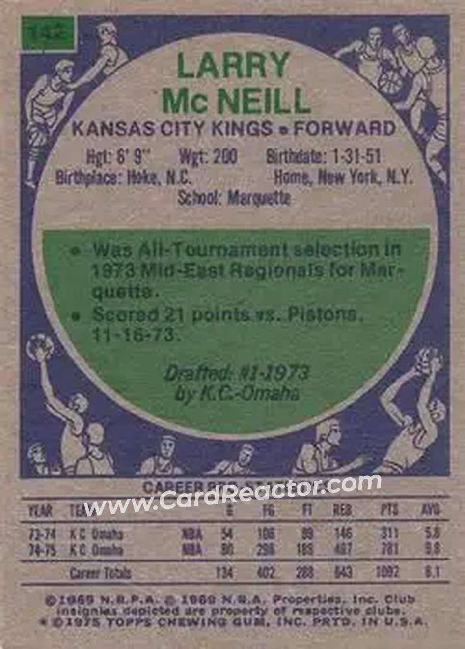 1975-76 Topps #142 - Larry McNeill - Kansas City Kings - Back