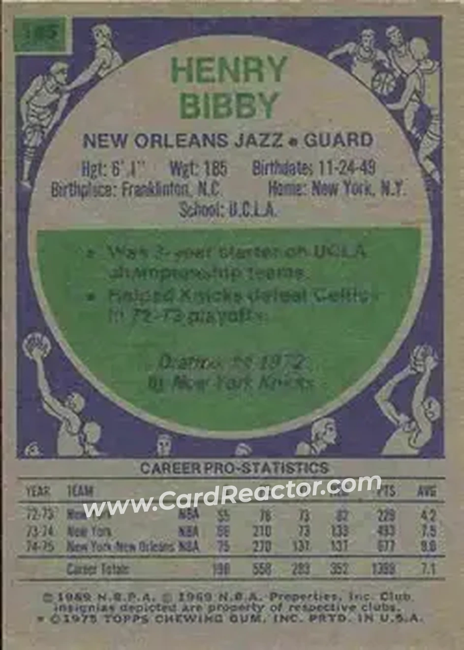 1975-76 Topps #146 - Henry Bibby - New Orleans Jazz - Back 1975-76 Topps #146 - Henry Bibby - New Orleans Jazz - Back