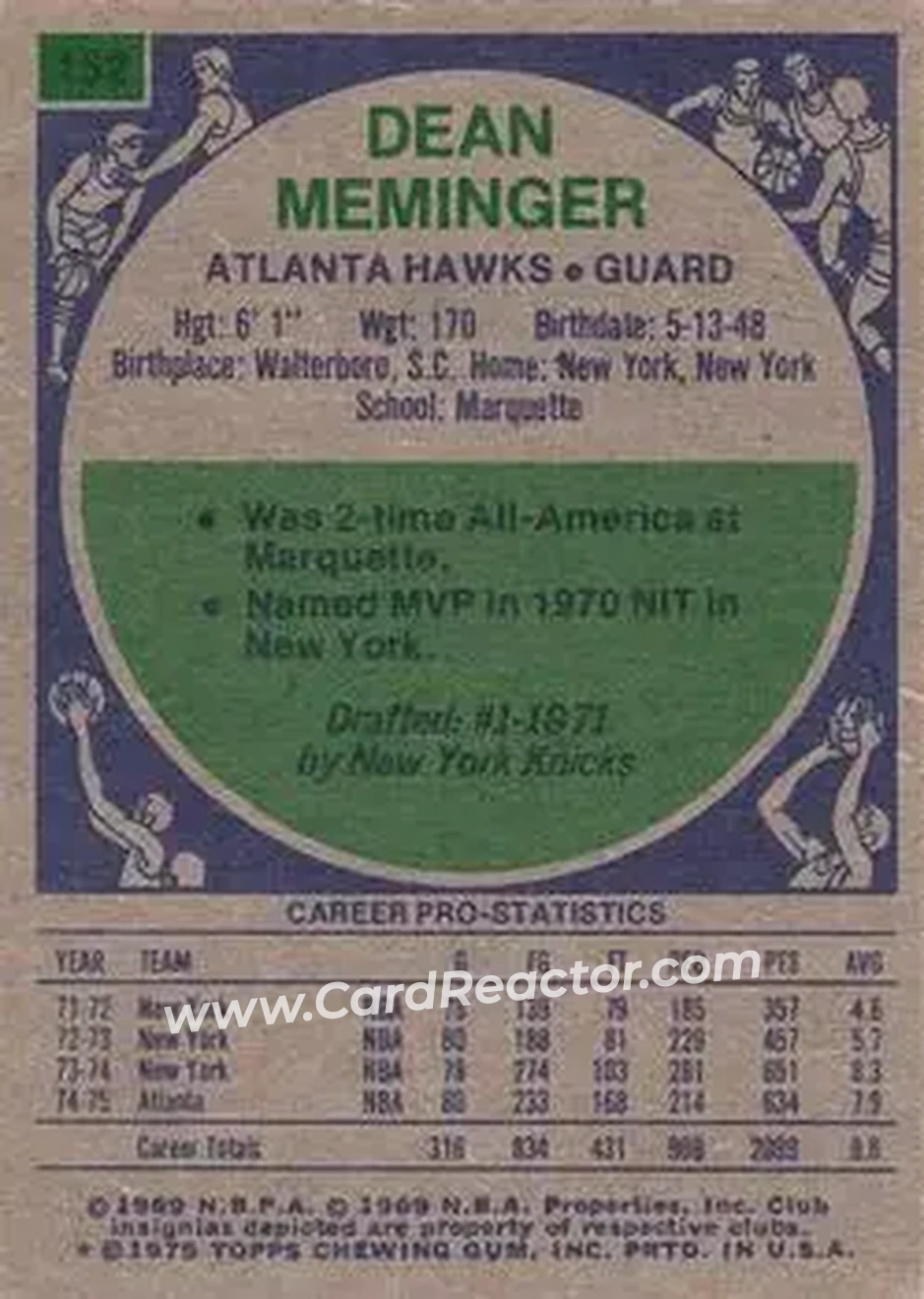 1975-76 Topps #152 - Dean Meminger - Atlanta Hawks - Back 1975-76 Topps #152 - Dean Meminger - Atlanta Hawks - Back