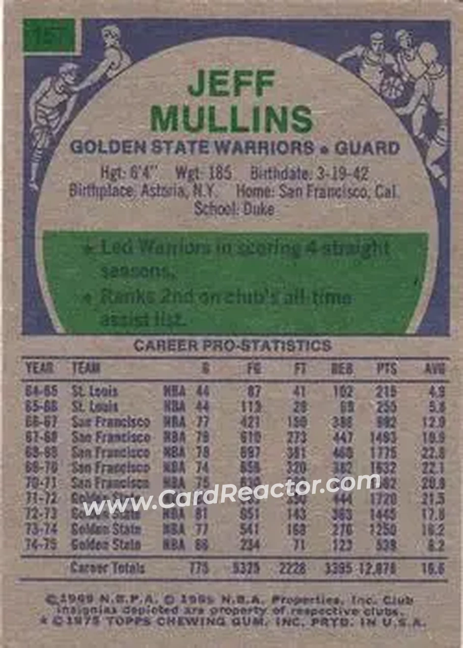 1975-76 Topps #157 - Jeff Mullins - Golden State Warriors - Back 1975-76 Topps #157 - Jeff Mullins - Golden State Warriors - Back