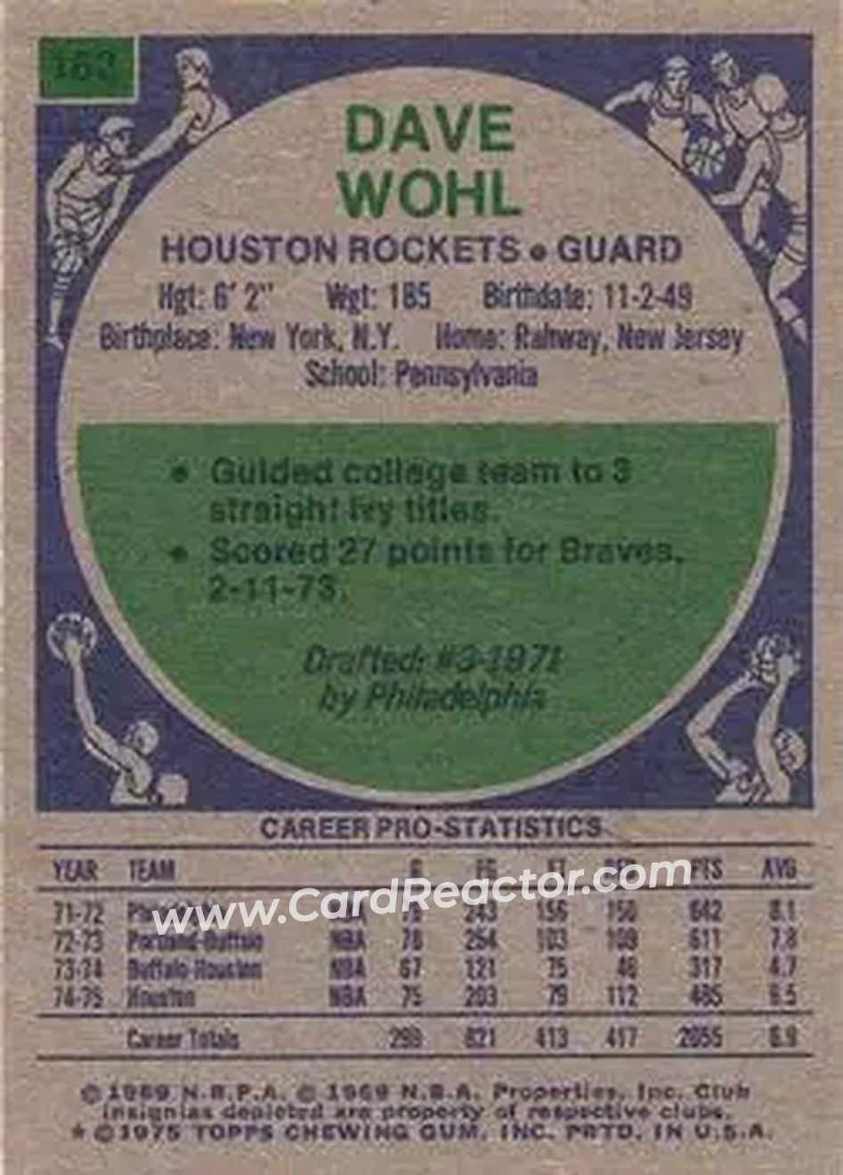 1975-76 Topps #162 - Dave Wohl - Houston Rockets - Back 1975-76 Topps #162 - Dave Wohl - Houston Rockets - Back