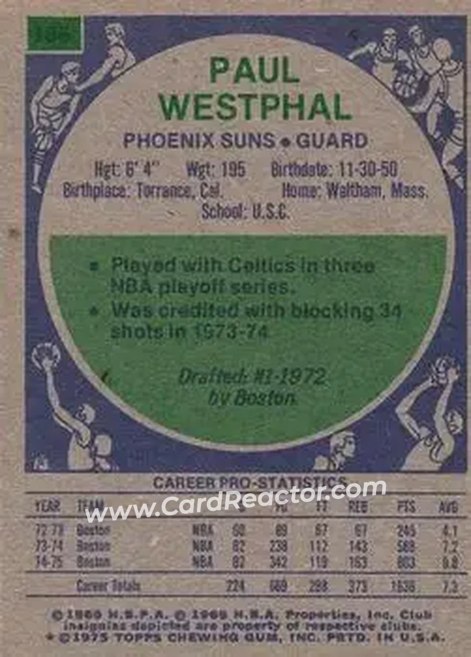 1975-76 Topps #186 - Paul Westphal - Phoenix Suns - Back