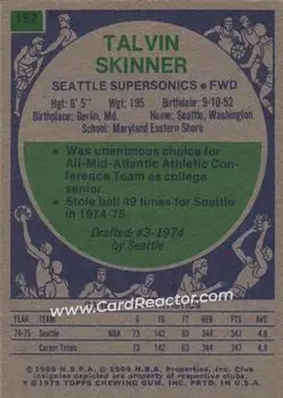 1975-76 Topps #187 - Talvin Skinner - Seattle SuperSonics - Back 1975-76 Topps #187 - Talvin Skinner - Seattle SuperSonics - Back