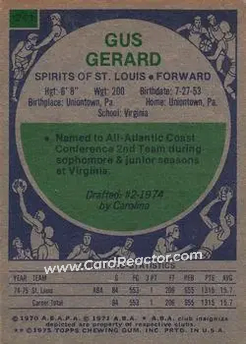 1975-76 Topps #241 - Gus Gerard - Spirits of St. Louis - Back
