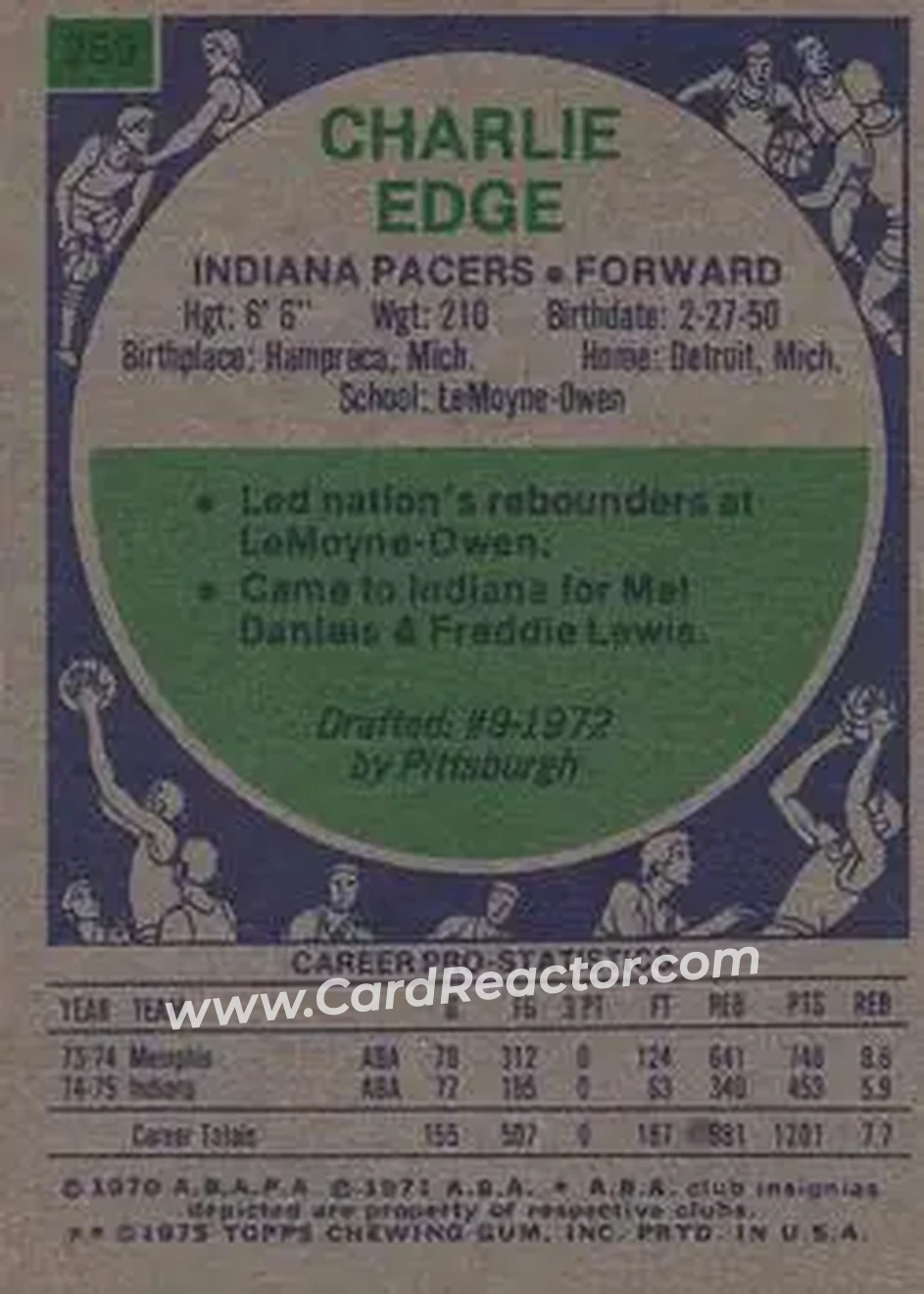 1975-76 Topps #269 - Charlie Edge - Indiana Pacers - Back 1975-76 Topps #269 - Charlie Edge - Indiana Pacers - Back