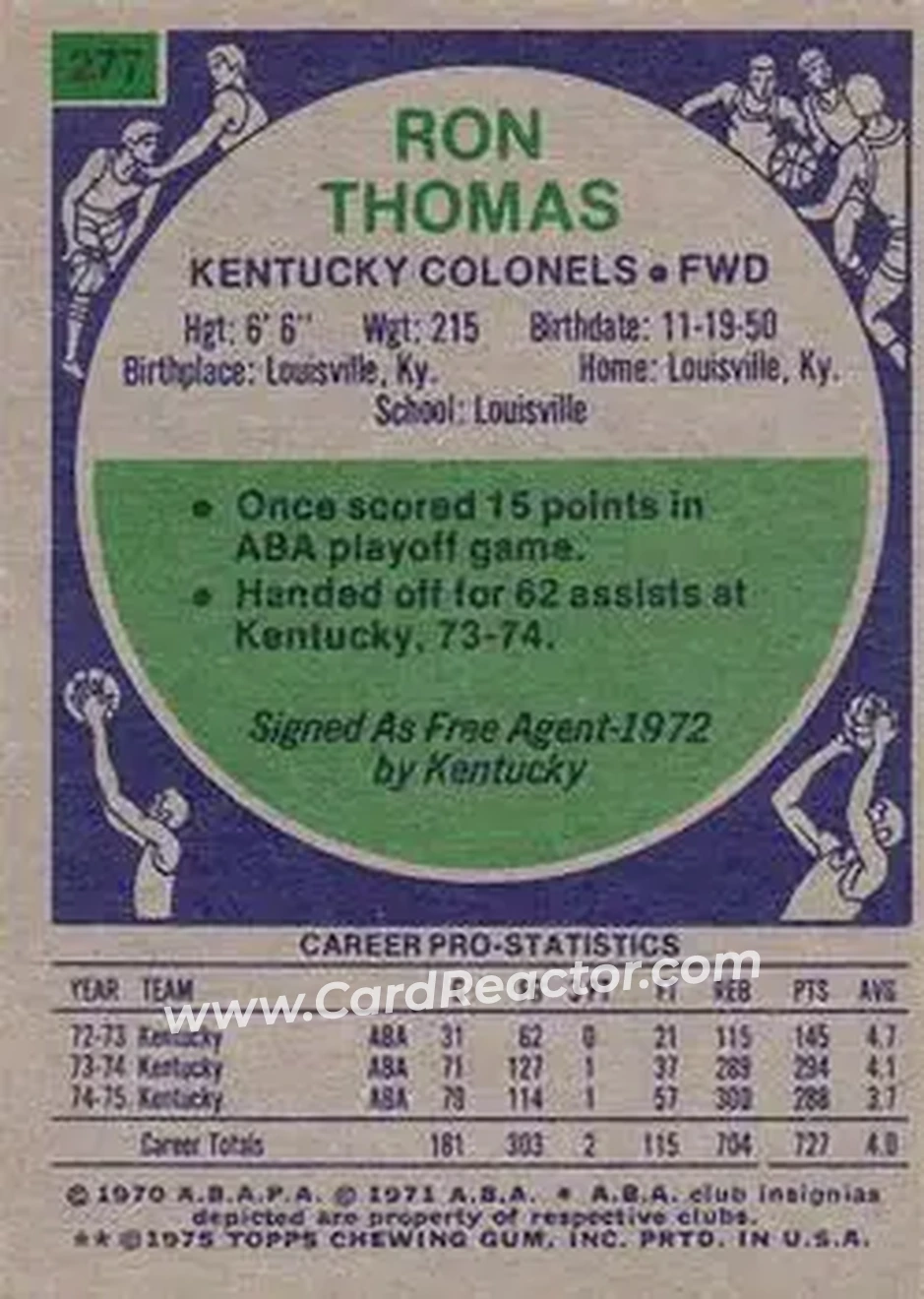 1975-76 Topps #277 - Ron Thomas - Kentucky Colonels - Back