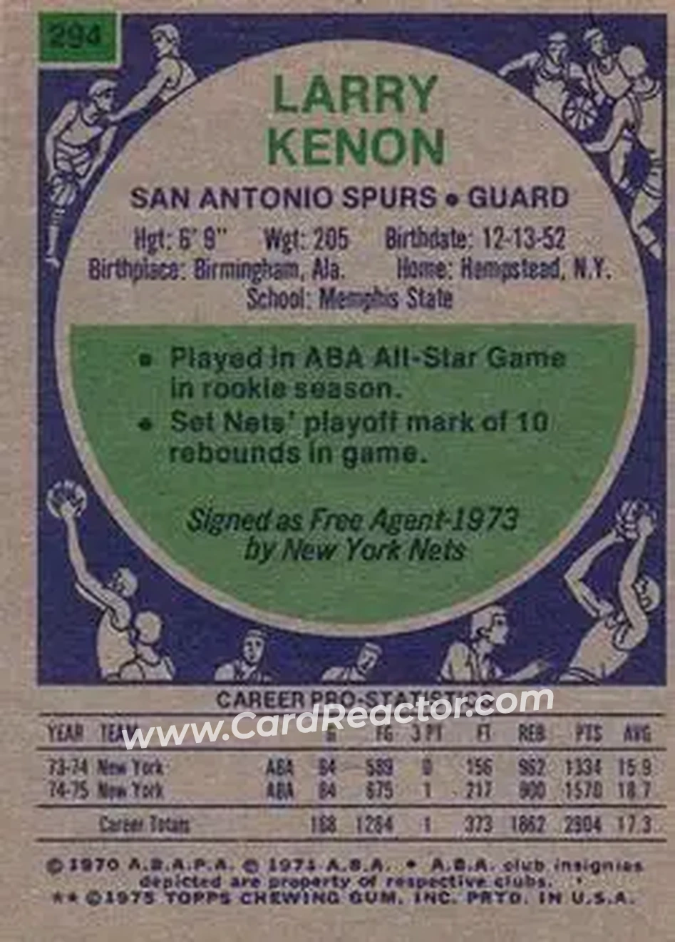 1975-76 Topps #294 - Larry Kenon - San Antonio Spurs - Back 1975-76 Topps #294 - Larry Kenon - San Antonio Spurs - Back