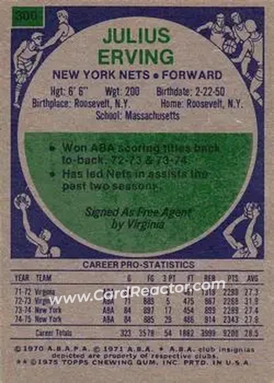 1975-76 Topps #300 - Julius Erving - New York Nets - Back