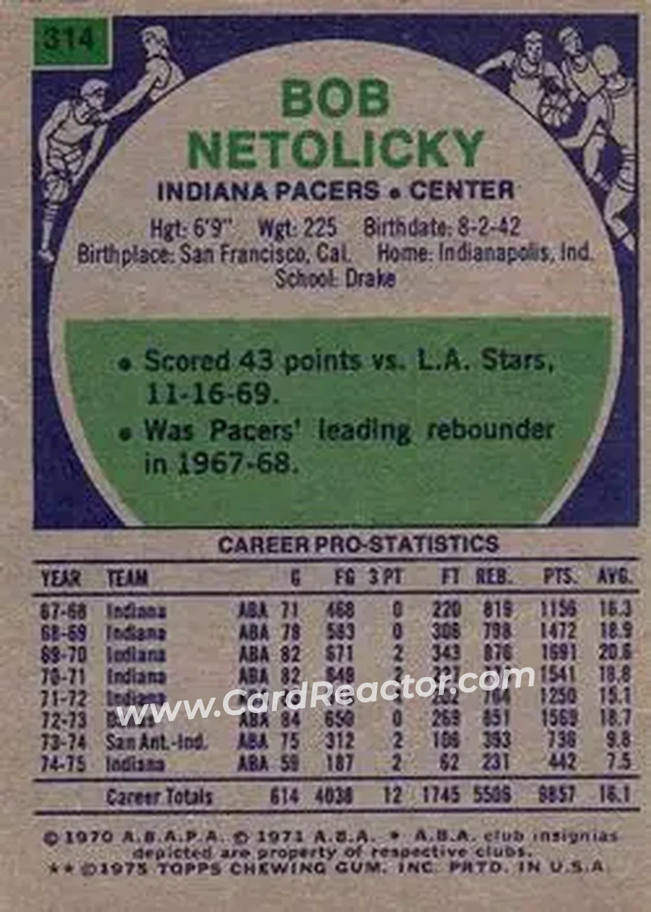 1975-76 Topps #314 - Bob Netolicky - Indiana Pacers - Back