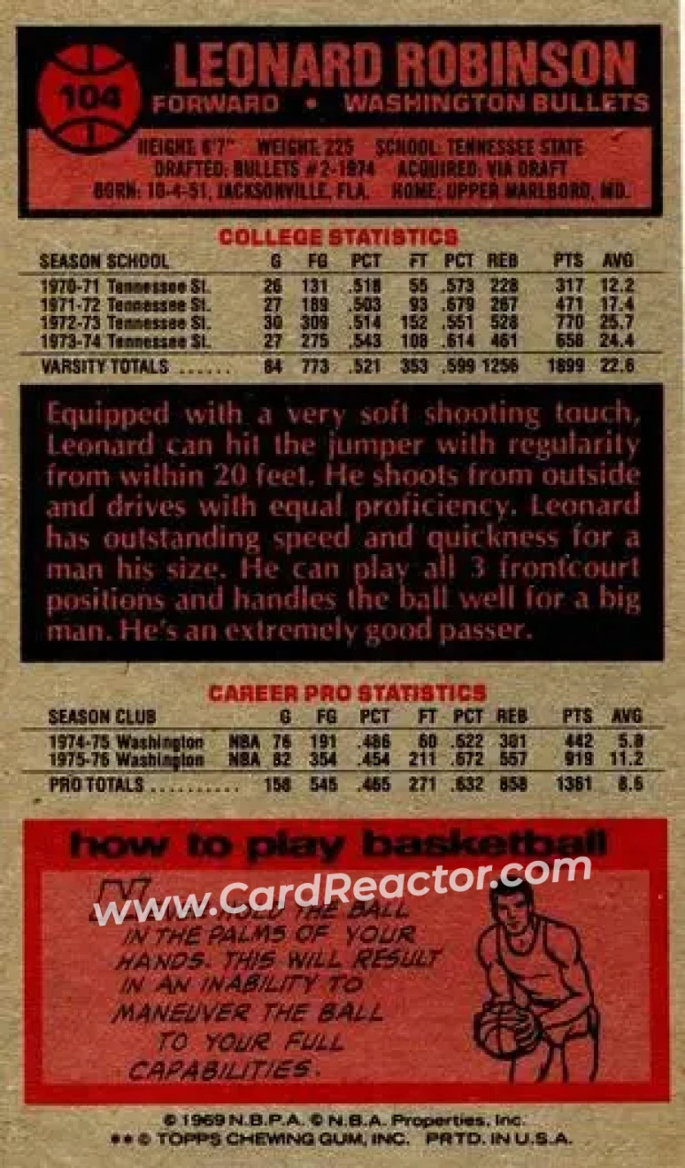 1976-77 Topps #104 - Leonard Robinson - Washington Bullets - Back