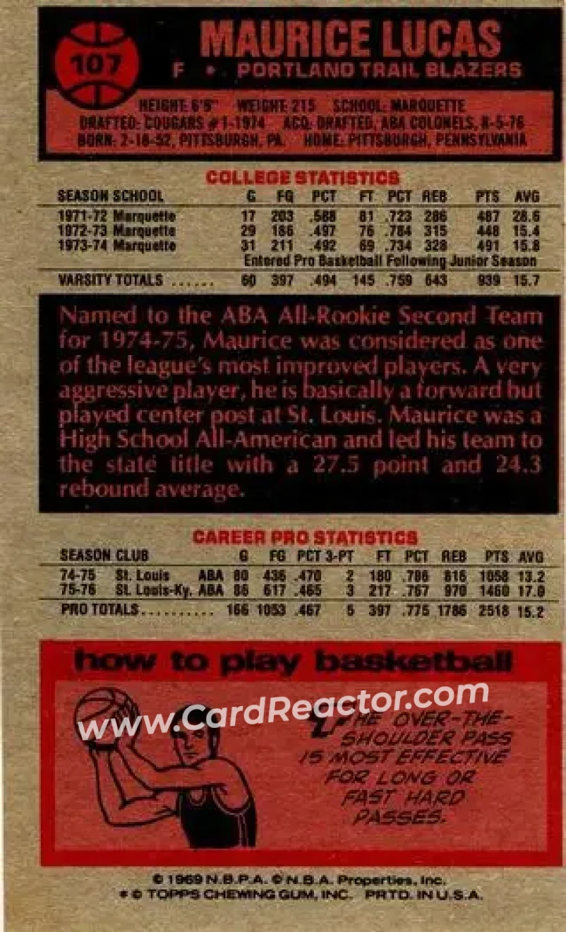 1976-77 Topps #107 - Maurice Lucas - Portland Trail Blazers - Back