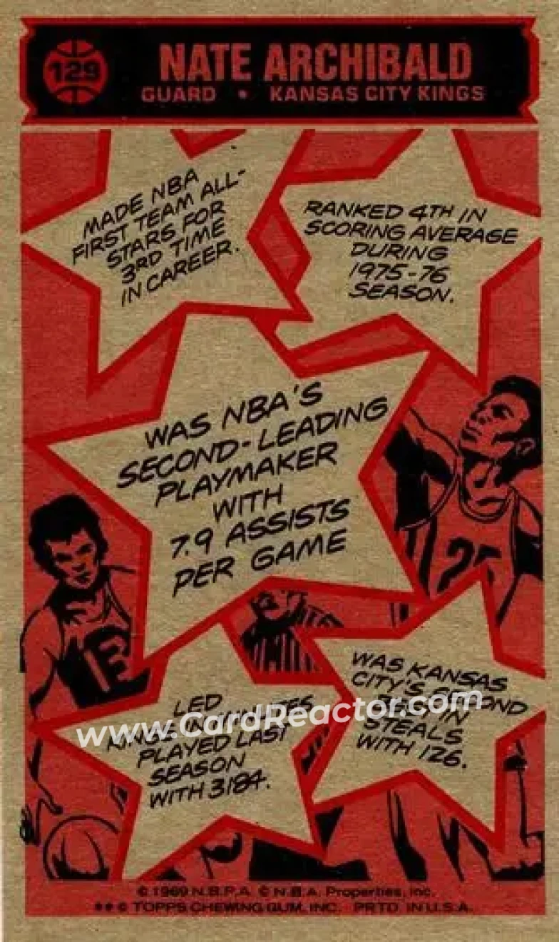 1976-77 Topps #129 - Nate Archibald - Kansas City Kings - Back