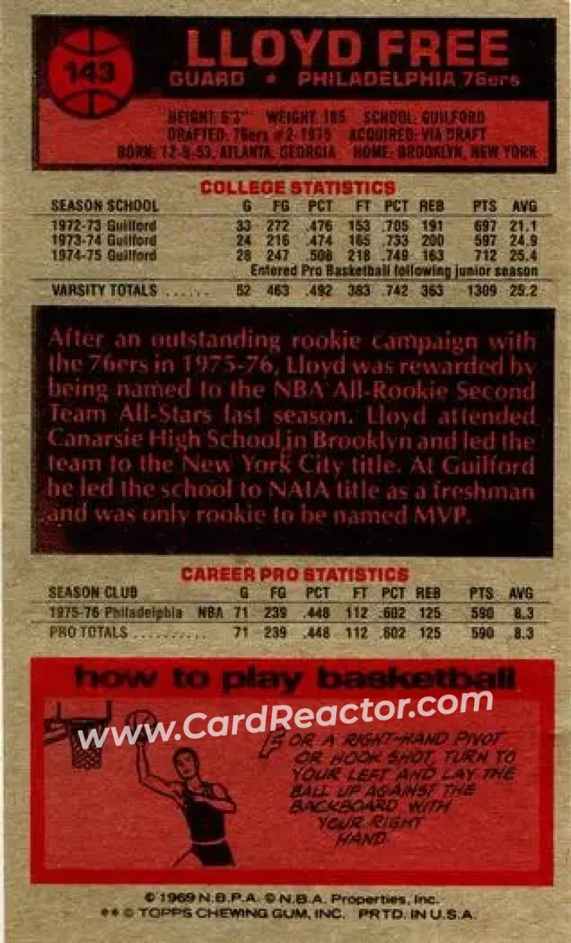 1976-77 Topps #143 - World B. Free - Philadelphia 76ers - Back