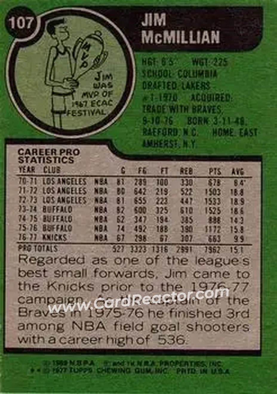 1977-78 Topps #107 - Jim McMillian - New York Knicks - Back