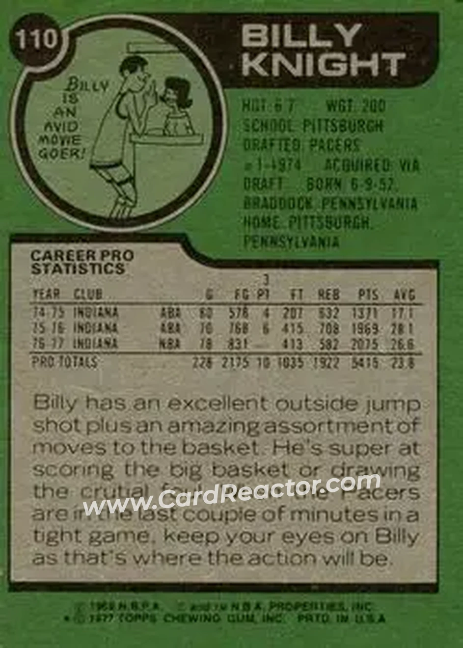 1977-78 Topps #110 - Billy Knight - Indiana Pacers - Back