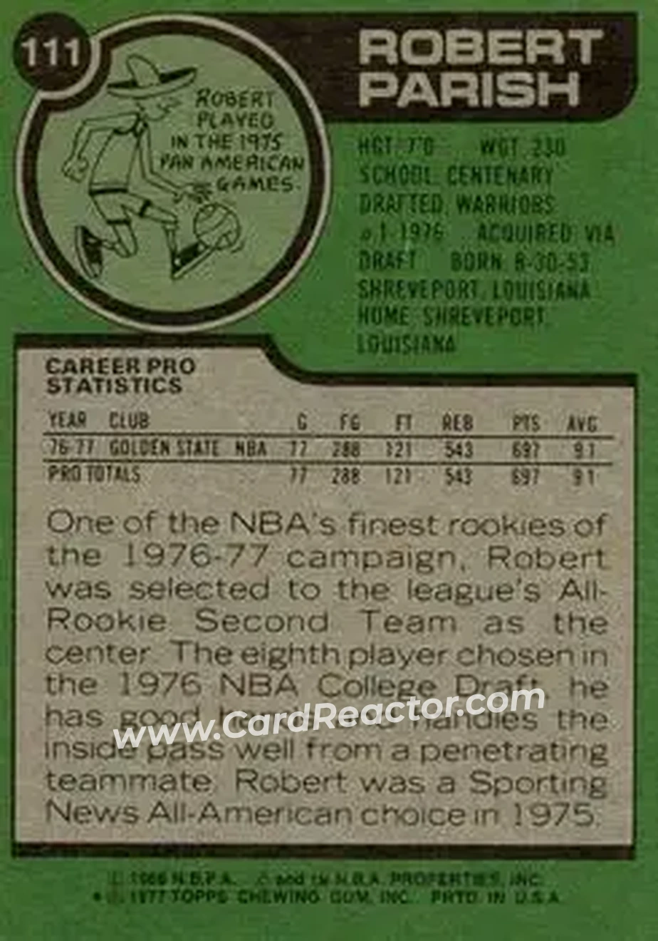 1977-78 Topps #111 - Robert Parish - Golden State Warriors - Back