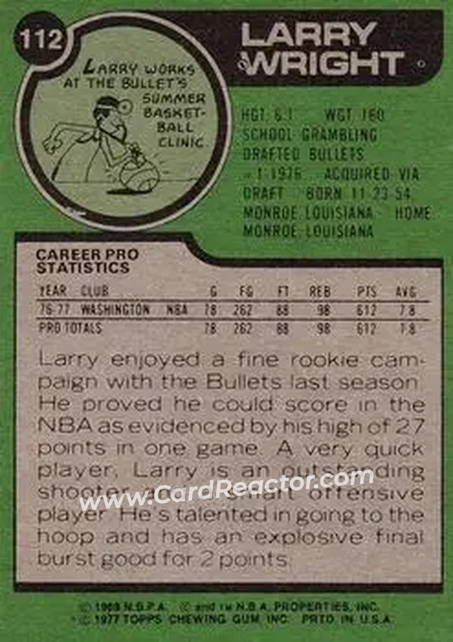 1977-78 Topps #112 - Larry Wright - Washington Bullets - Back