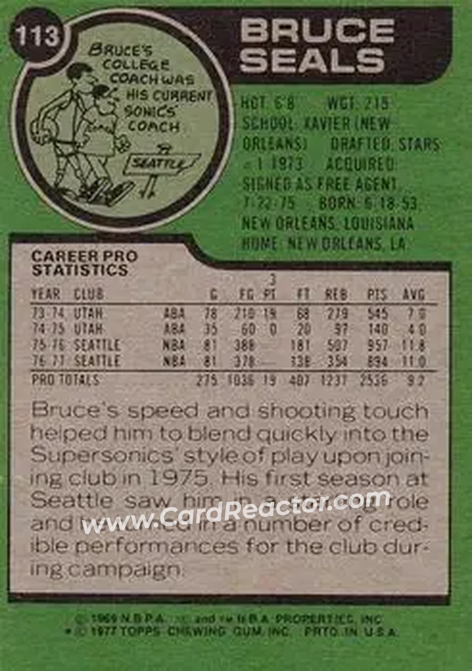 1977-78 Topps #113 - Bruce Seals - Seattle SuperSonics - Back