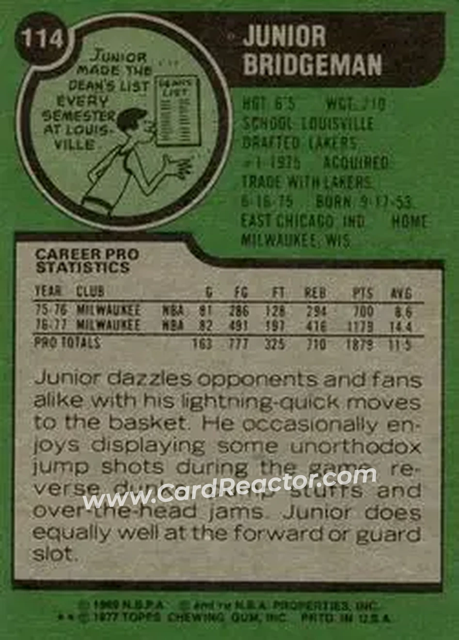 1977-78 Topps #114 - Junior Bridgeman - Milwaukee Bucks - Back