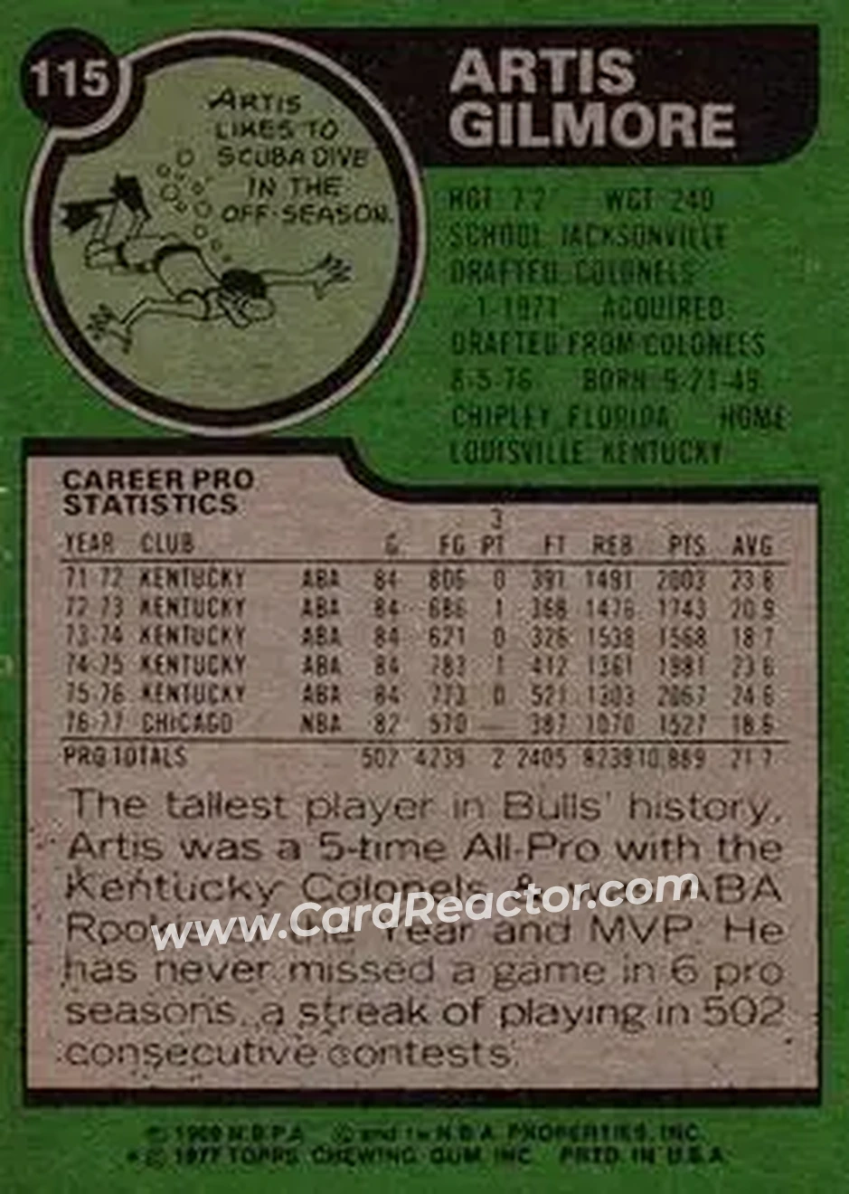 1977-78 Topps #115 - Artis Gilmore - Chicago Bulls - Back 1977-78 Topps #115 - Artis Gilmore - Chicago Bulls - Back