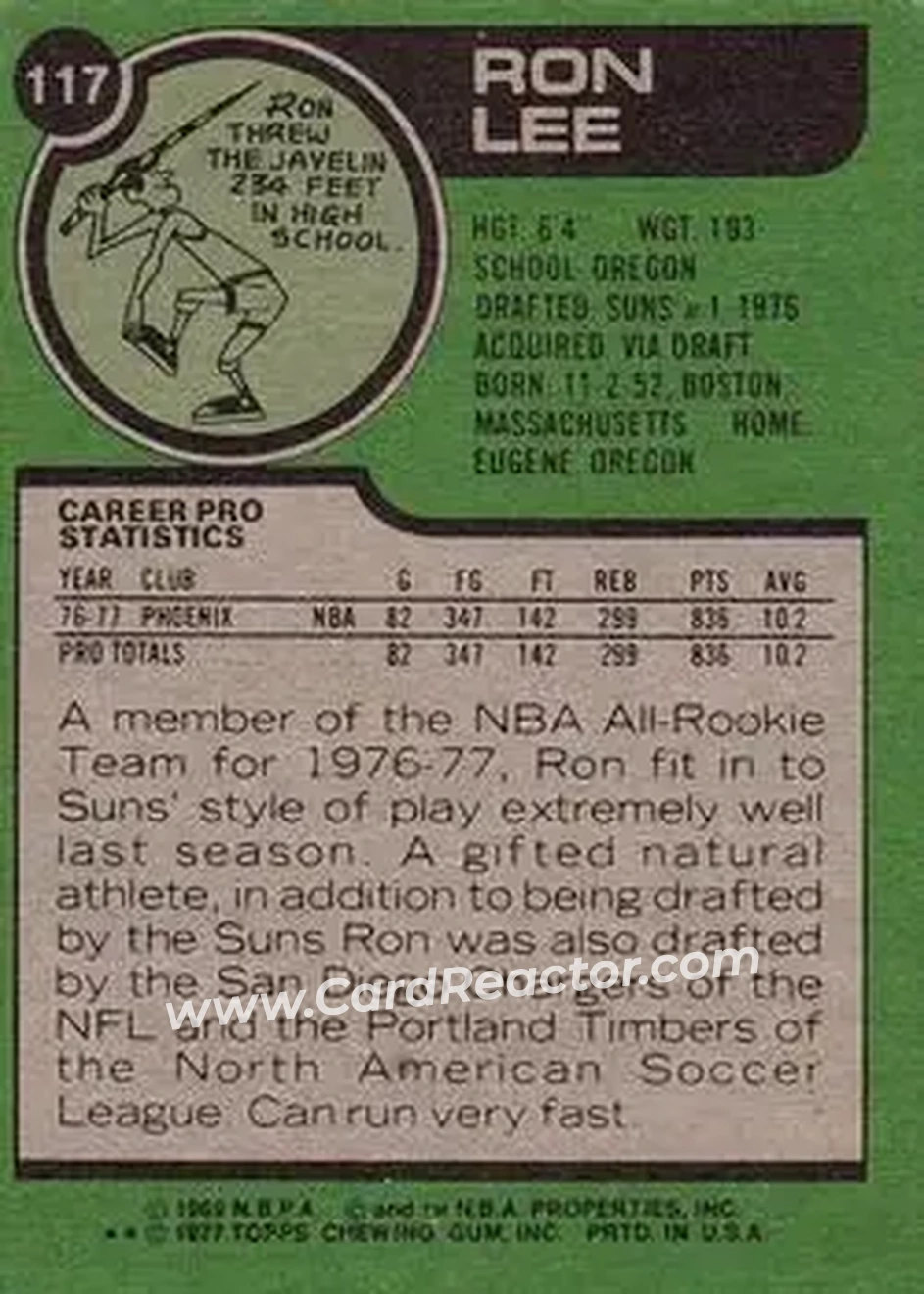 1977-78 Topps #117 - Ron Lee - Phoenix Suns - Back