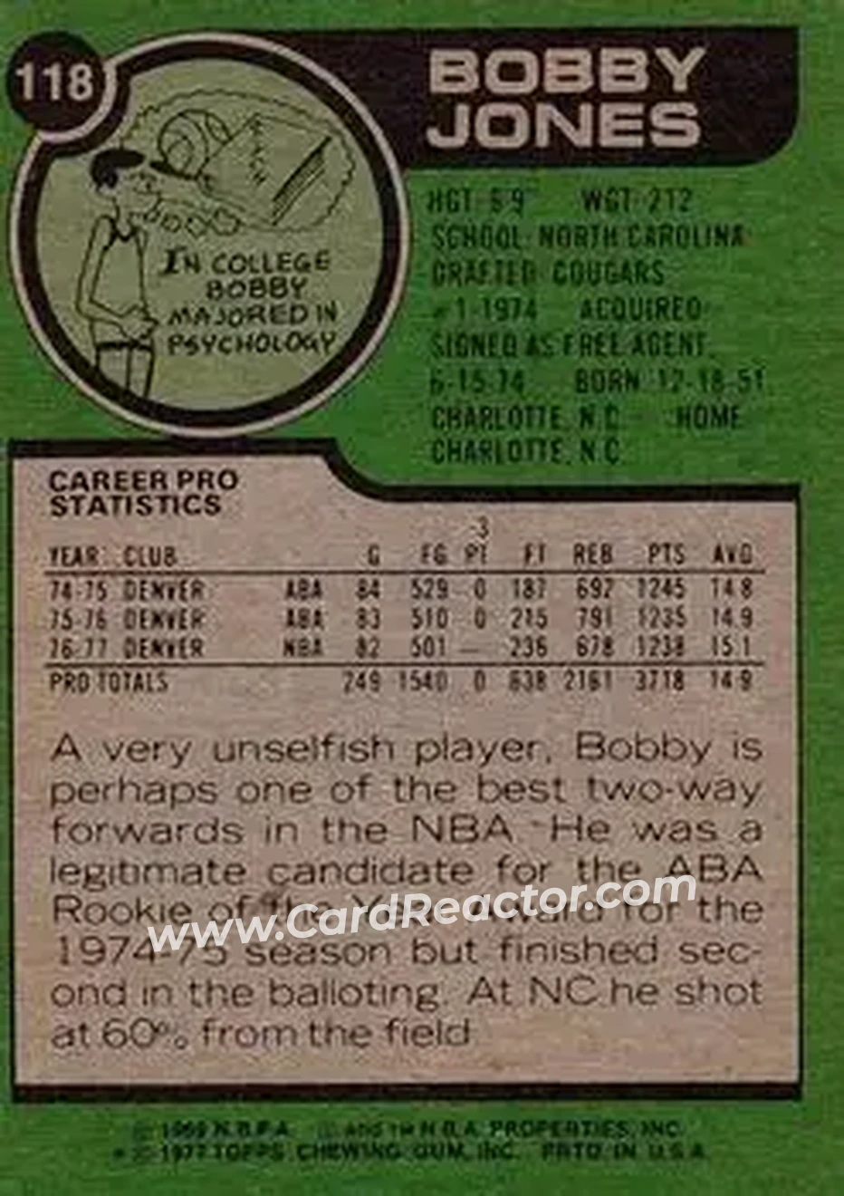 1977-78 Topps #118 - Bobby Jones - Denver Nuggets - Back