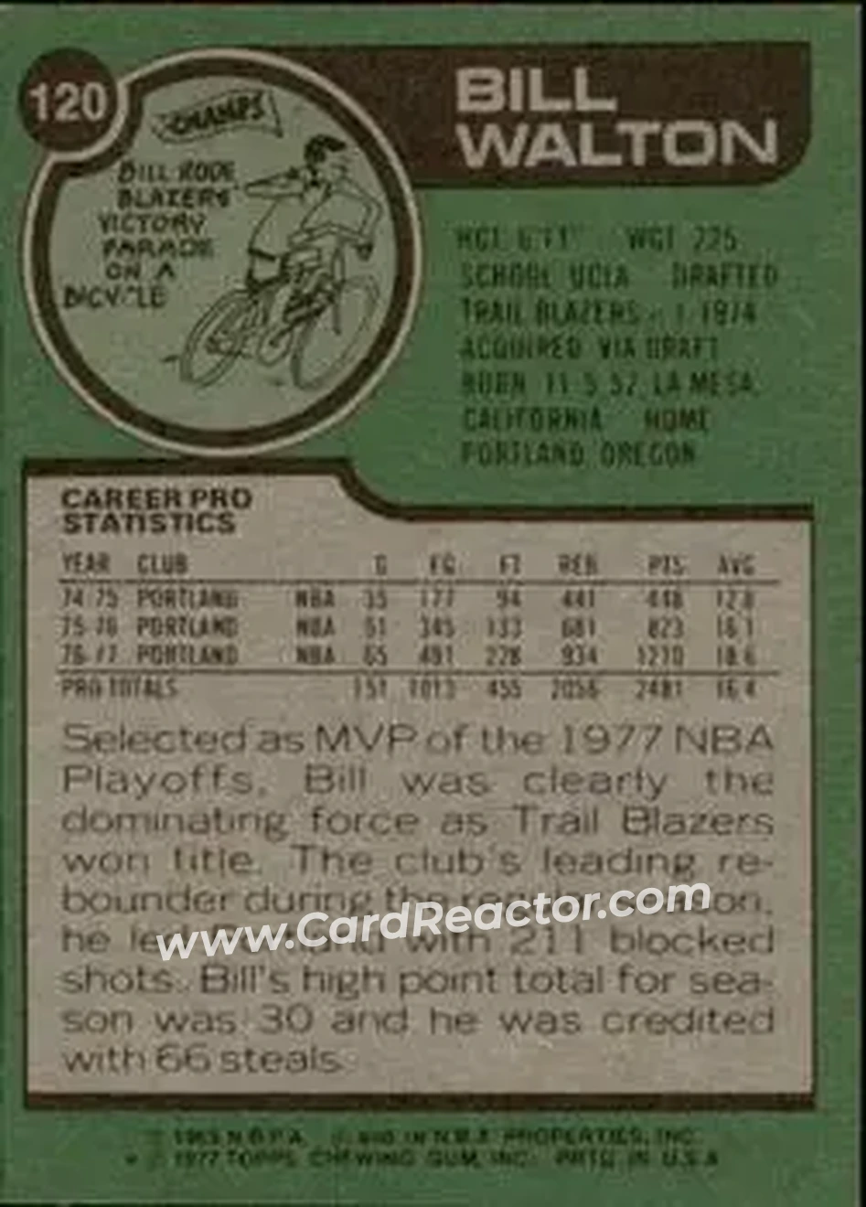 1977-78 Topps #120 - Bill Walton - Portland Trail Blazers - Back