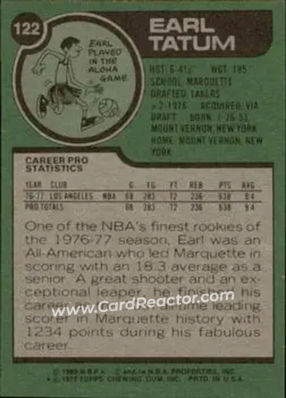 1977-78 Topps #122 - Earl Tatum - Los Angeles Lakers - Back 1977-78 Topps #122 - Earl Tatum - Los Angeles Lakers - Back
