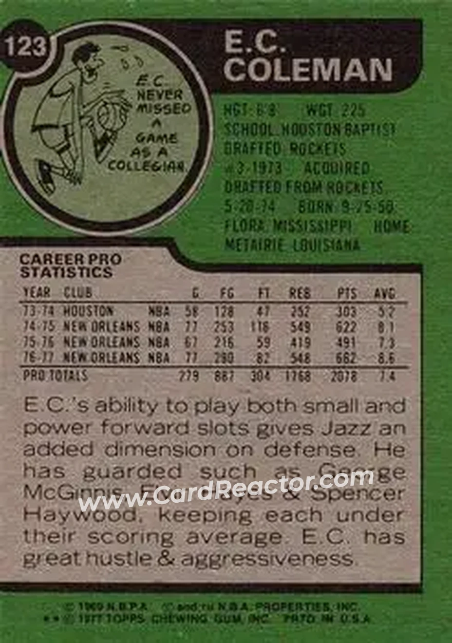 1977-78 Topps #123 - E.C. Coleman - New Orleans Jazz - Back