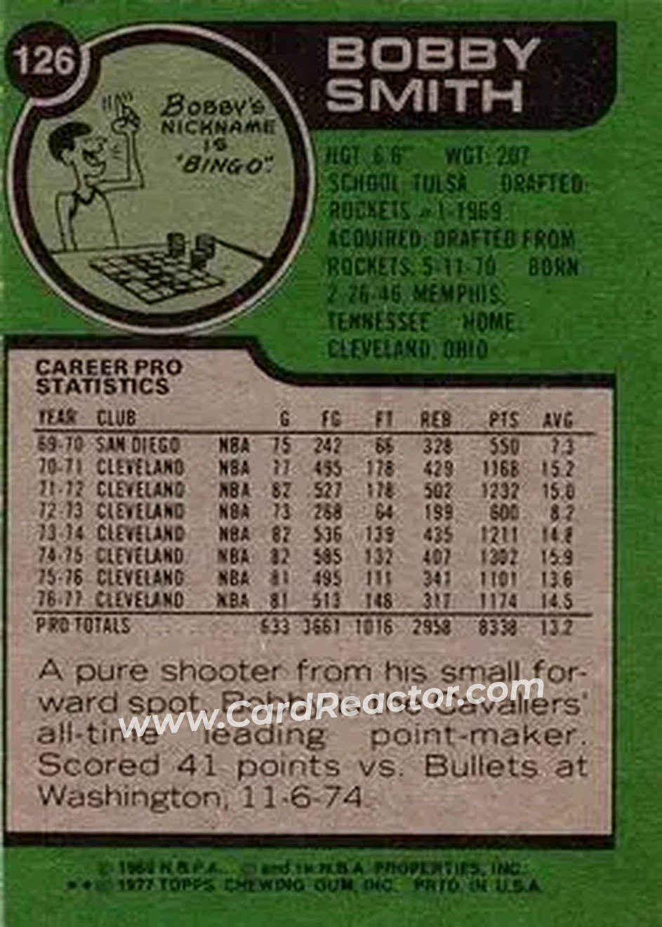 1977-78 Topps #126 - Bingo Smith - Cleveland Cavaliers - Back