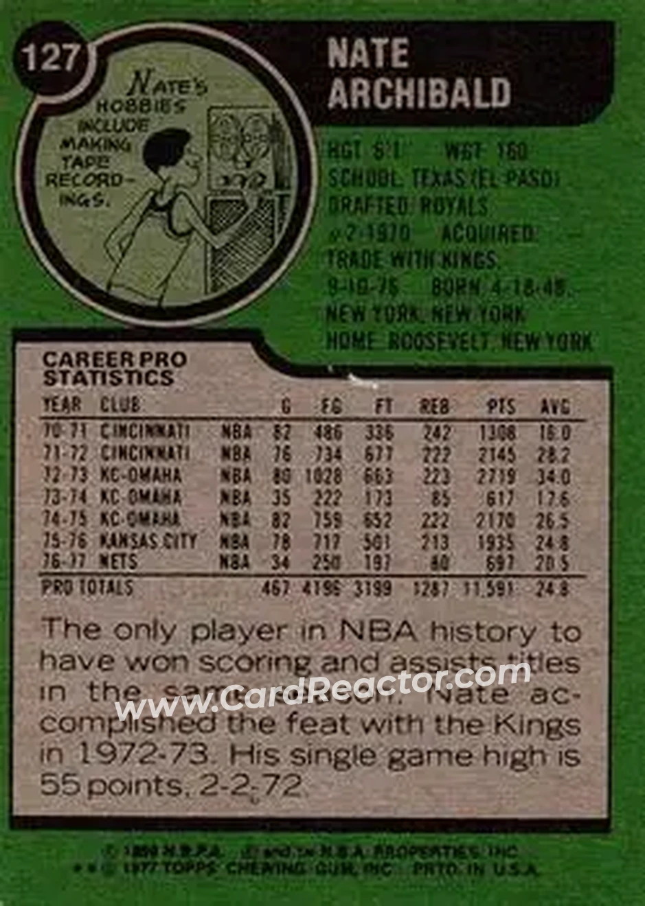 1977-78 Topps #127 - Nate Archibald - New Jersey Nets - Back