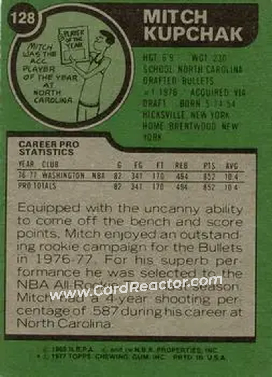 1977-78 Topps #128 - Mitch Kupchak - Washington Bullets - Back