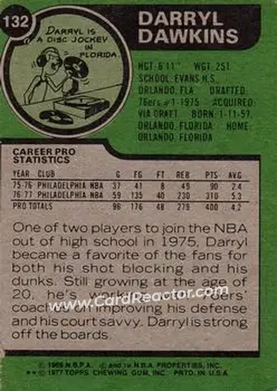 1977-78 Topps #132 - Darryl Dawkins - Philadelphia 76ers - Back