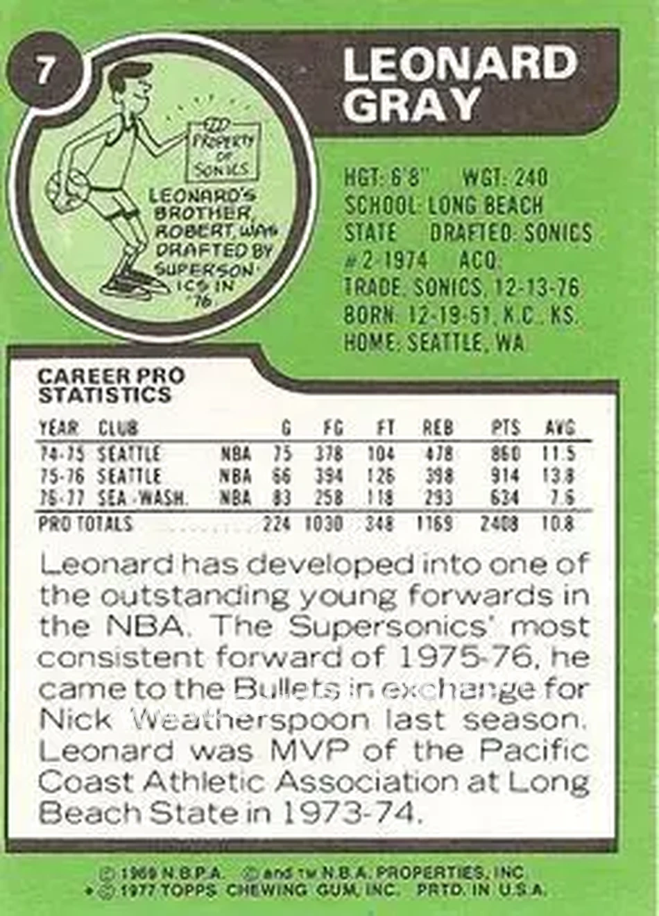 1977-78 Topps - White Backs #7 - Leonard Gray - Washington Bullets - Back