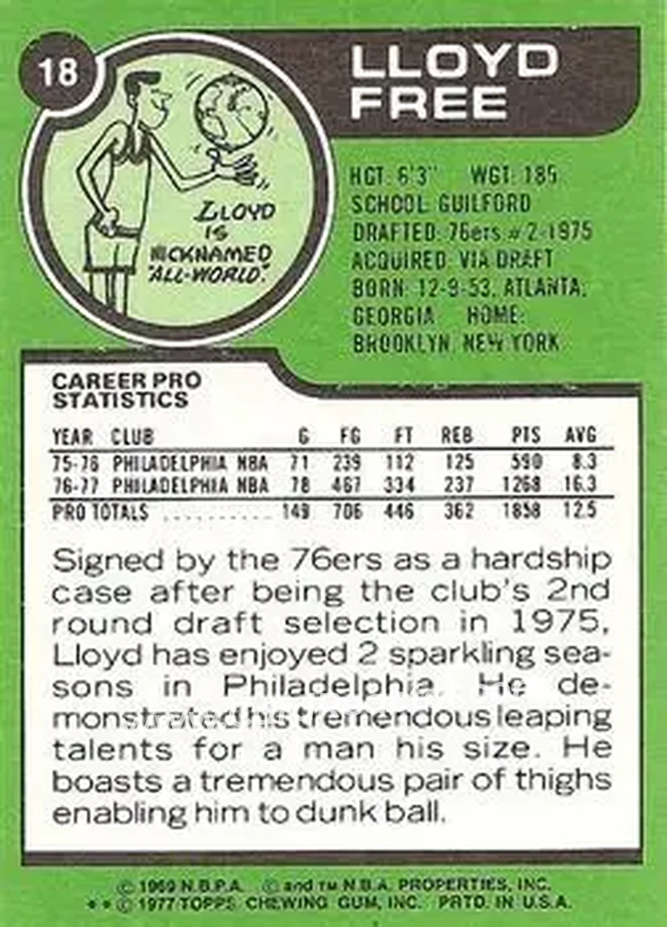 1977-78 Topps - White Backs #18 - World B. Free - Philadelphia 76ers - Back