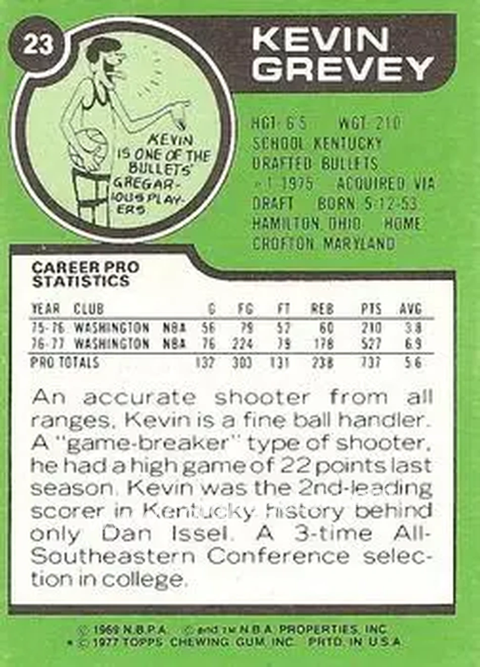 1977-78 Topps - White Backs #23 - Kevin Grevey - Washington Bullets - Back