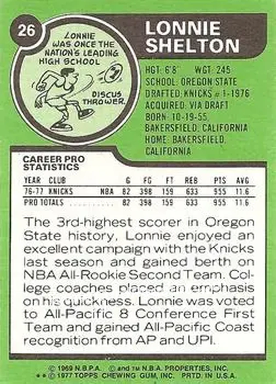 1977-78 Topps - White Backs #26 - Lonnie Shelton - New York Knicks - Back