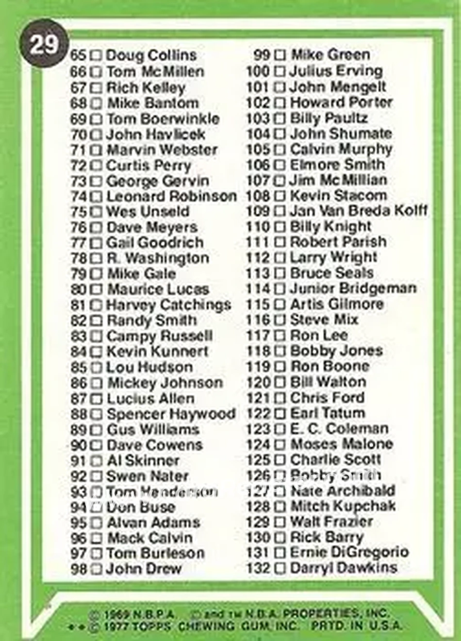 1977-78 Topps - White Backs #29 - Card #29 - Back