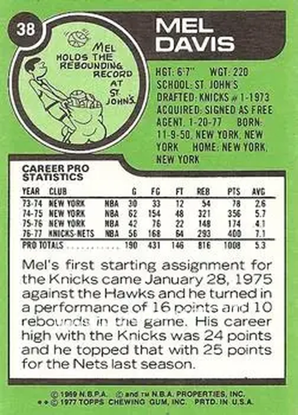 1977-78 Topps - White Backs #38 - Mel Davis - New Jersey Nets - Back 1977-78 Topps - White Backs #38 - Mel Davis - New Jersey Nets - Back