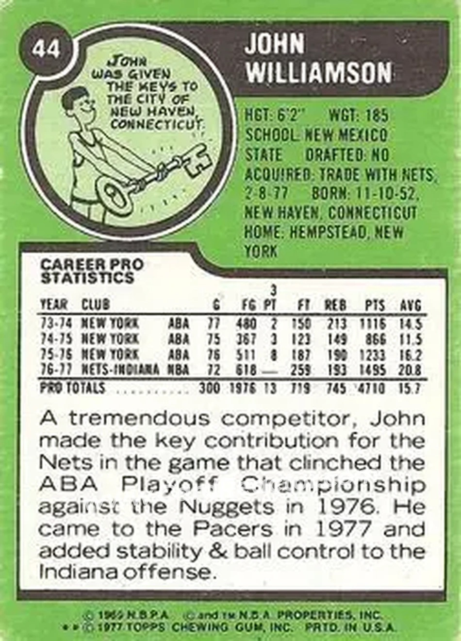 1977-78 Topps - White Backs #44 - John Williamson - Indiana Pacers - Back 1977-78 Topps - White Backs #44 - John Williamson - Indiana Pacers - Back