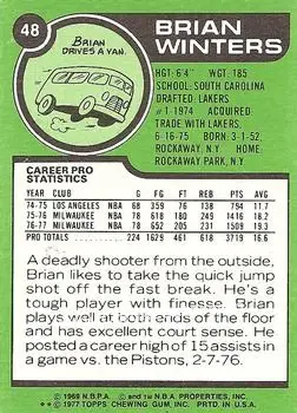 1977-78 Topps - White Backs #48 - Brian Winters - Milwaukee Bucks - Back