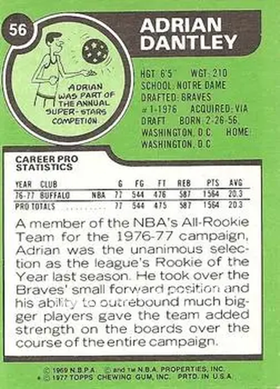 1977-78 Topps - White Backs #56 - Adrian Dantley - Buffalo Braves - Back