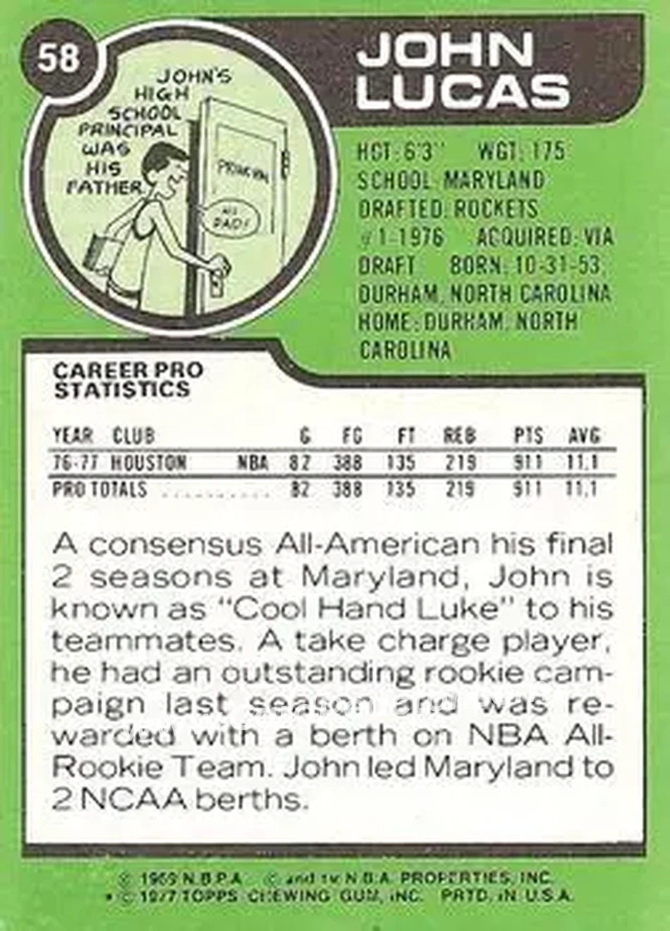 1977-78 Topps - White Backs #58 - John Lucas - Houston Rockets - Back