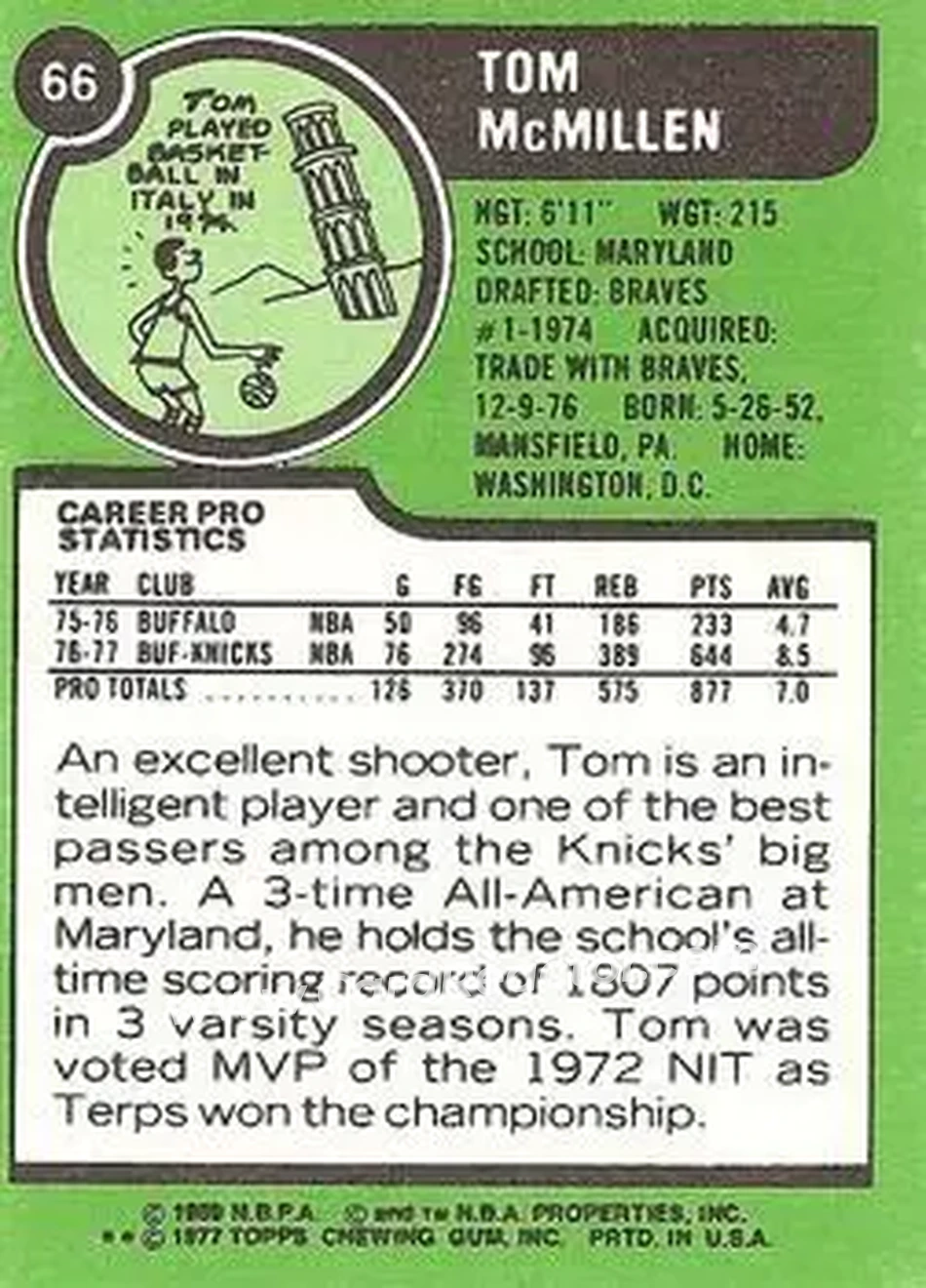 1977-78 Topps - White Backs #66 - Tom McMillen - New York Knicks - Back