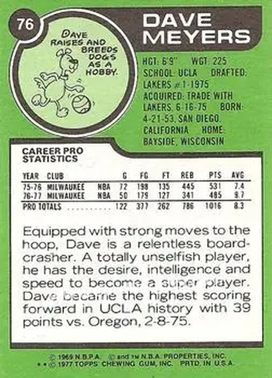 1977-78 Topps - White Backs #76 - David Meyers - Milwaukee Bucks - Back