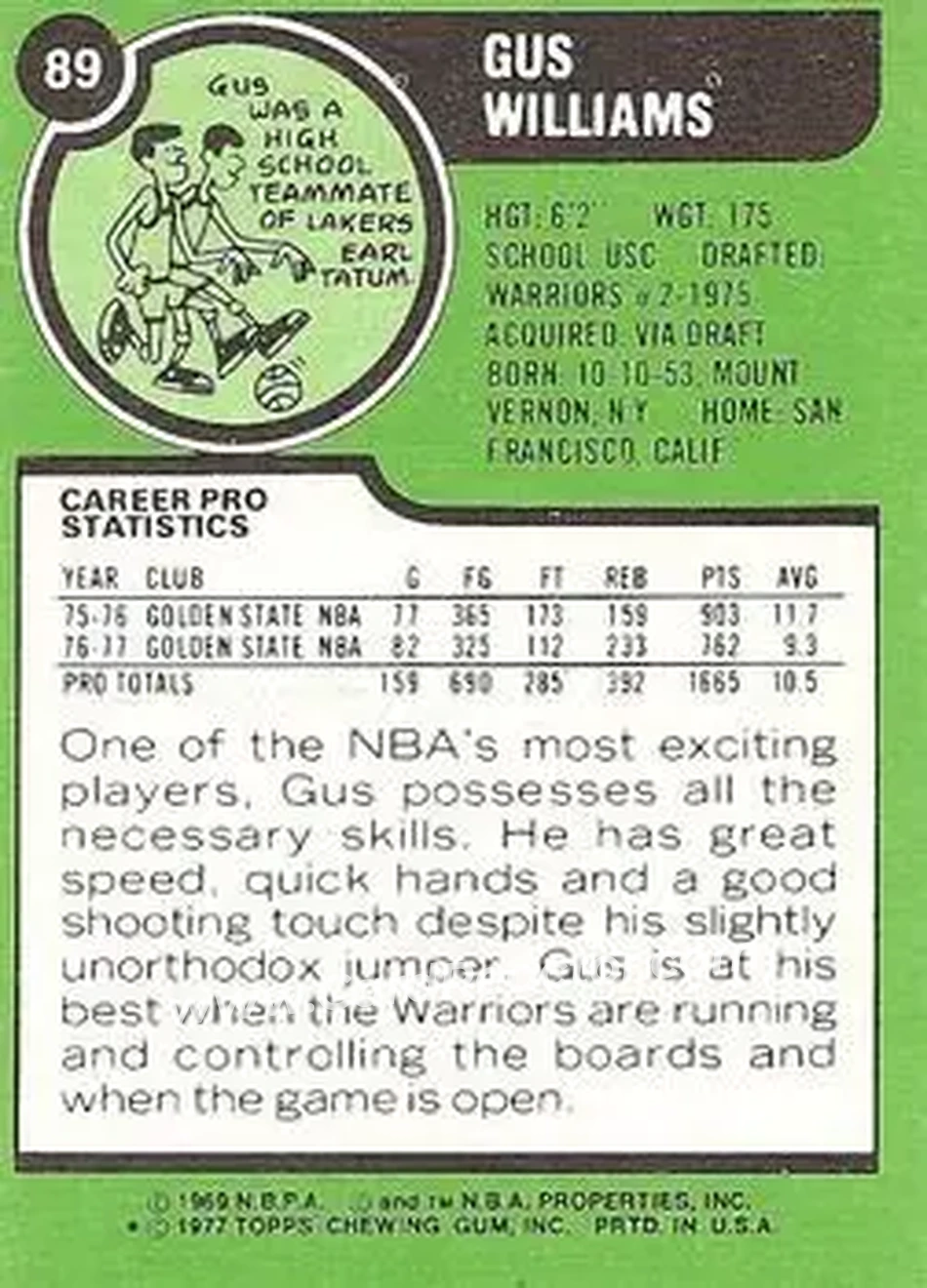 1977-78 Topps - White Backs #89 - Gus Williams - Golden State Warriors - Back