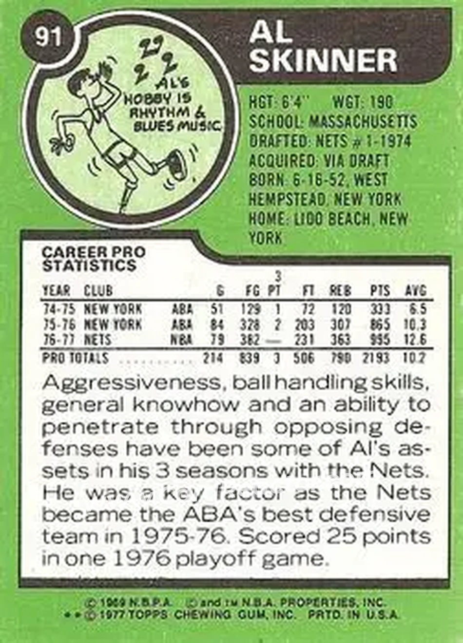1977-78 Topps - White Backs #91 - Al Skinner - New Jersey Nets - Back